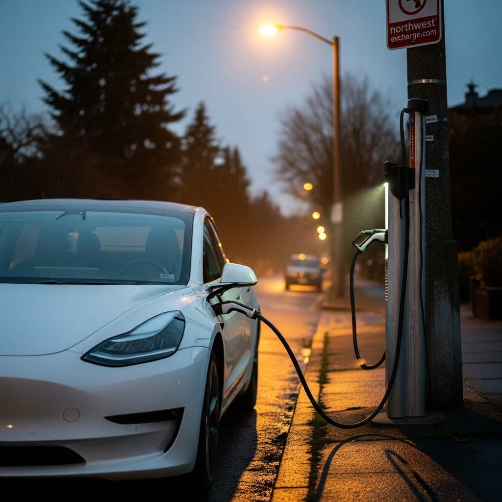 Electric vehicle charging overnight on a Seattle curbside street in Fremont