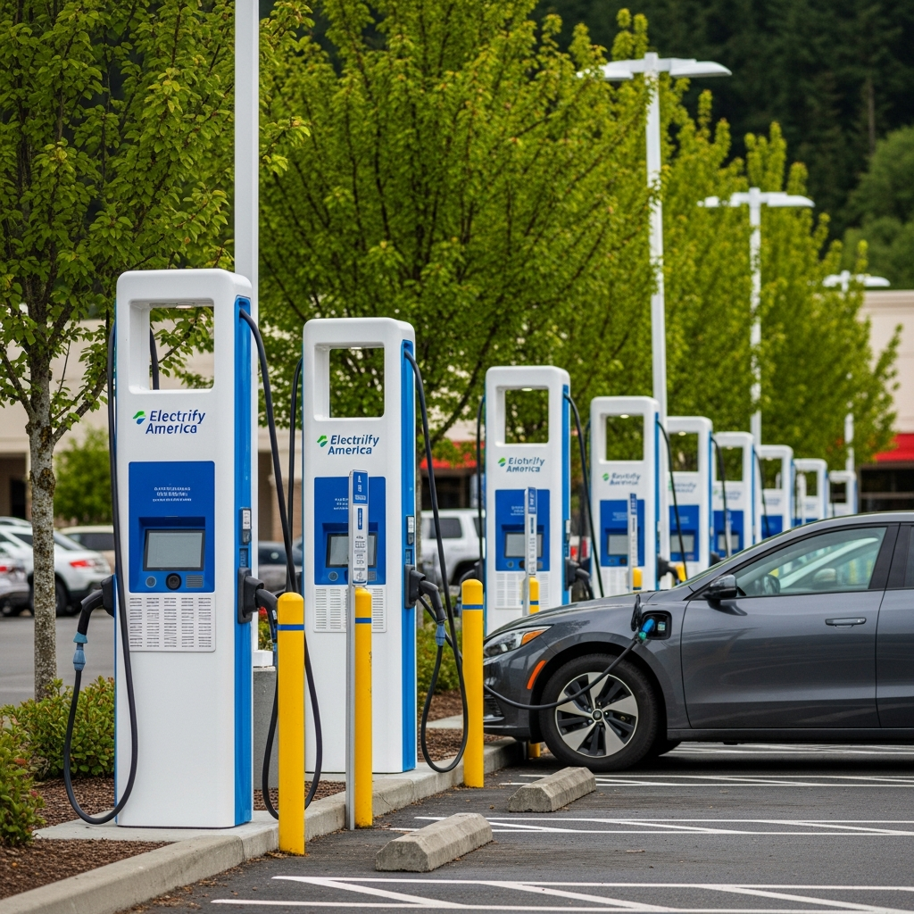 Electrify America charging station at a Washington mall parking lot