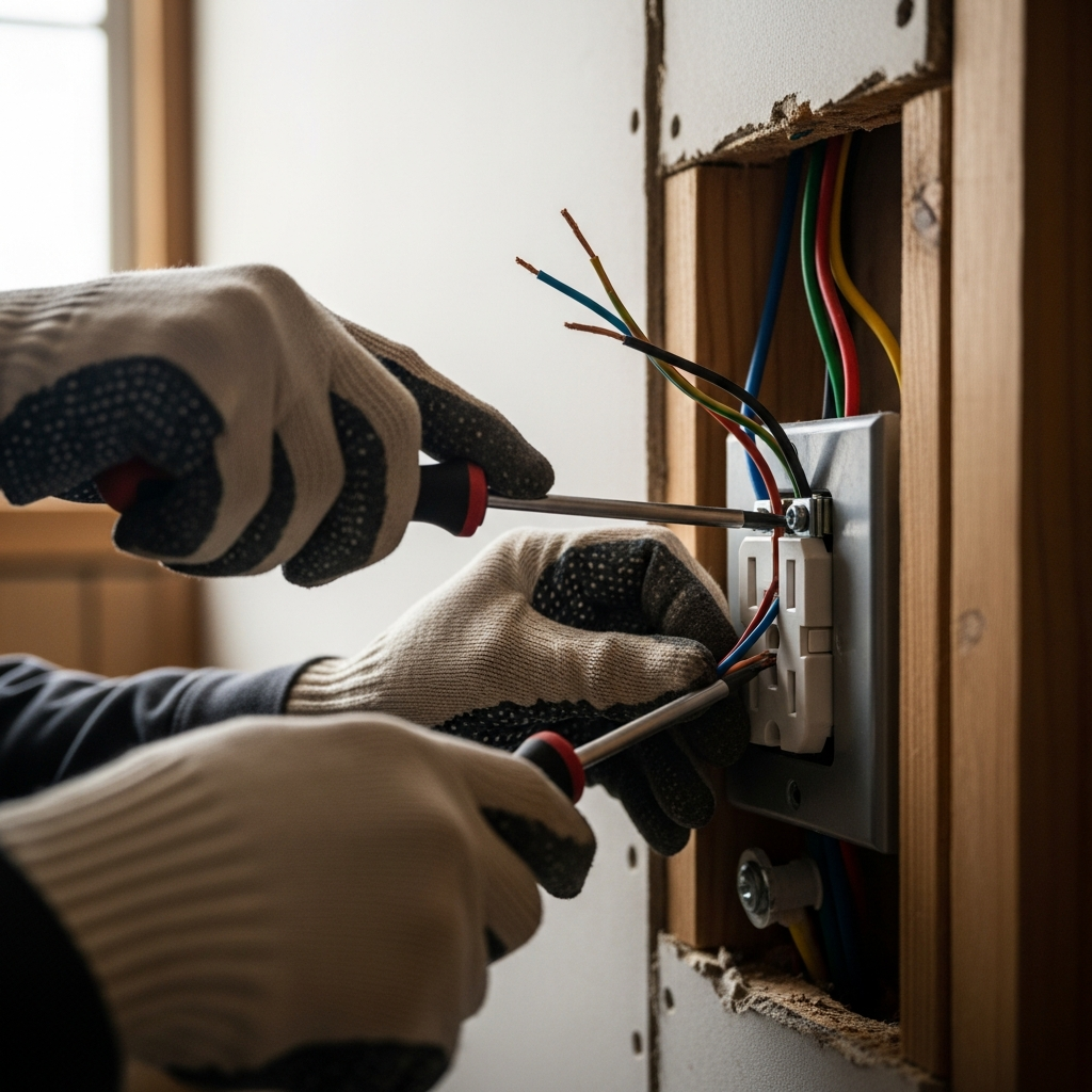 Electrician installing a NEMA 14-50 outlet for Level 2 EV charger in a residential garage
