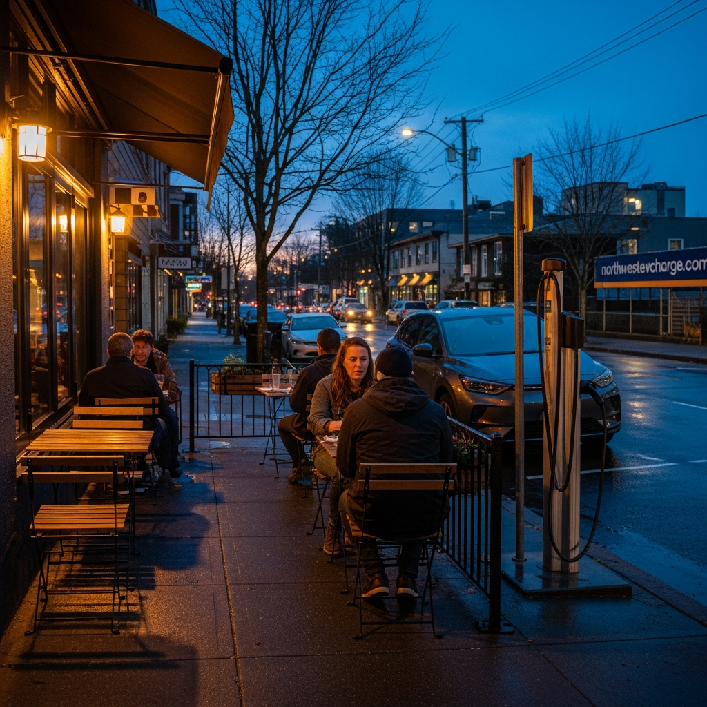 People dining at outdoor cafe near EV charging station in Ballard Seattle