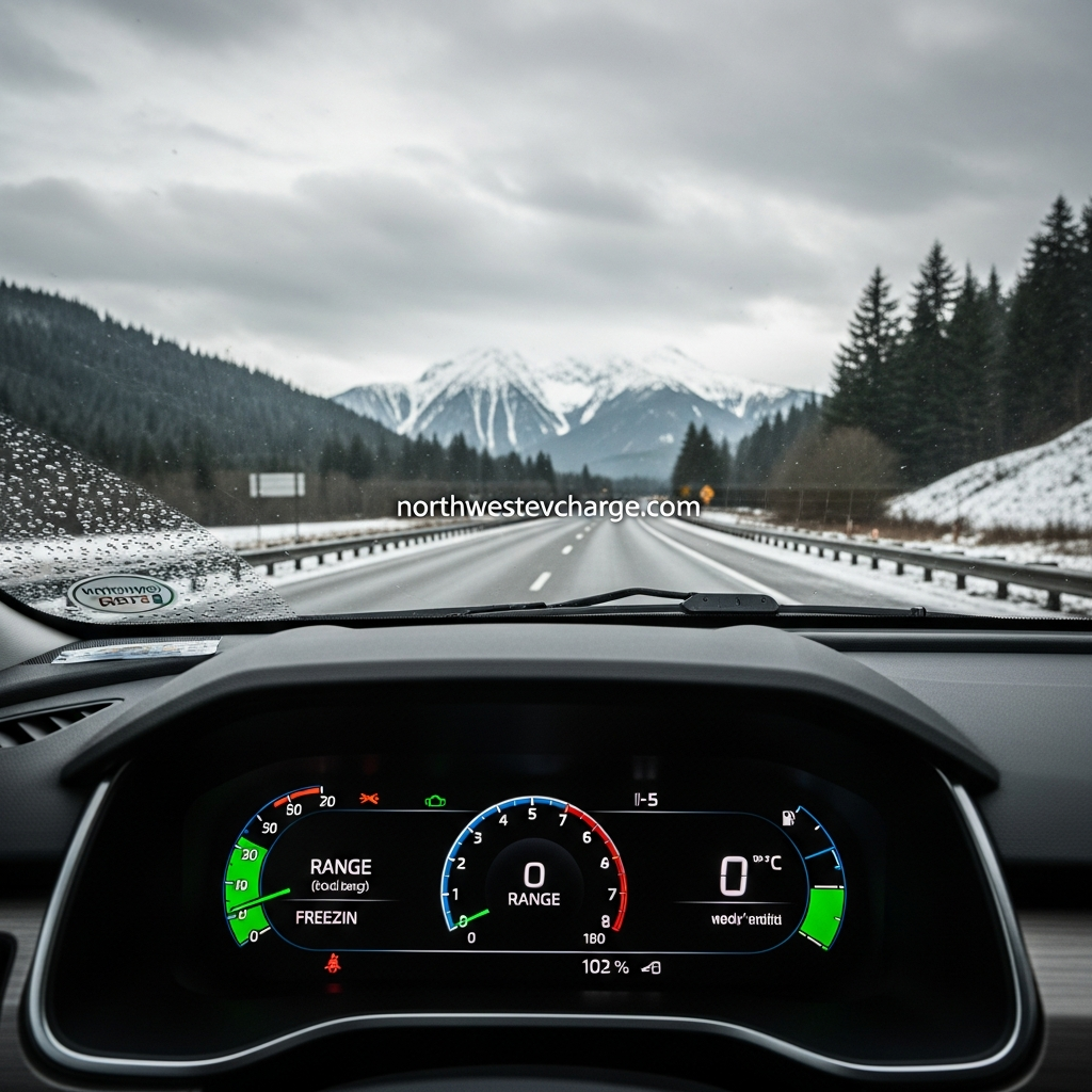 EV dashboard range indicator during winter driving on I-5 in Washington state